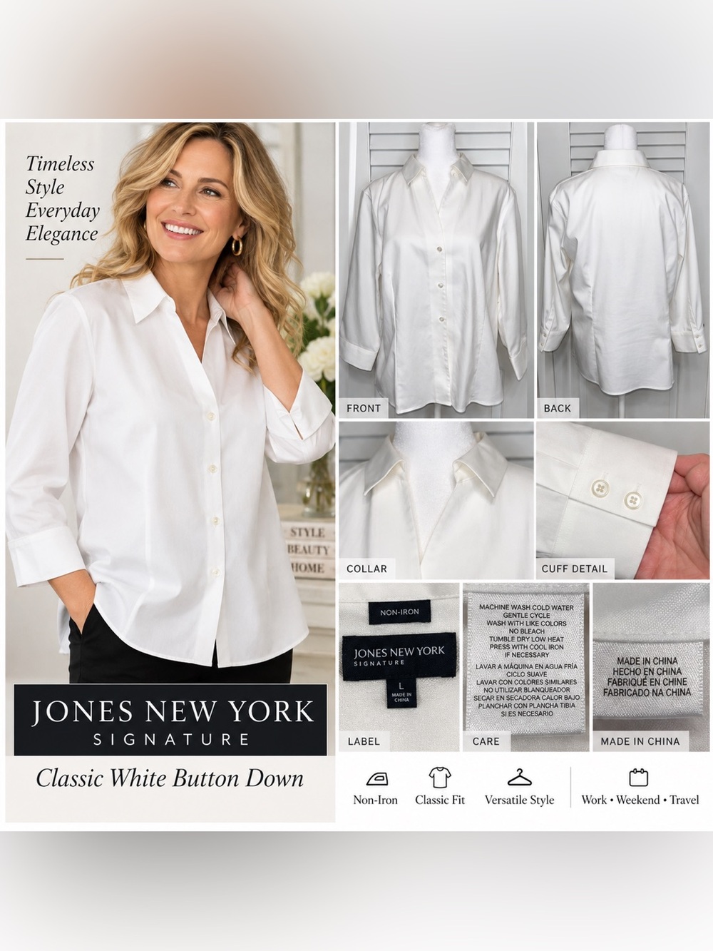 Jones New York Signature White Non-Iron Button Down Shirt Size L